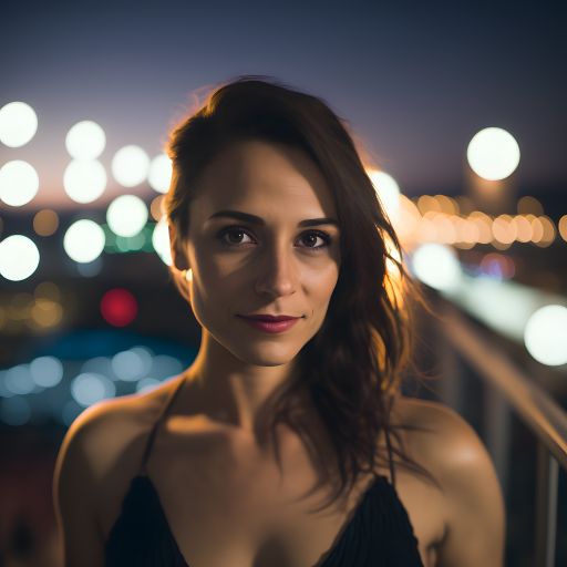 Woman at rooftop party, city lights in background