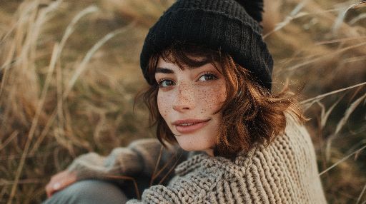 Woman with freckles wearing a beanie smiles in a field