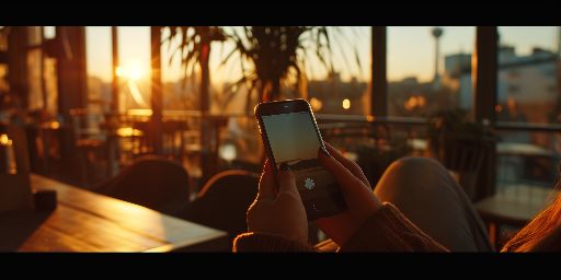Person holding a smartphone with a sunset backdrop at a cafe