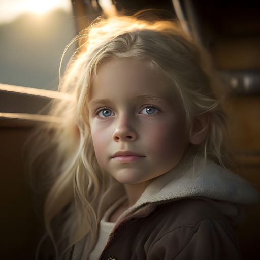 A beautiful blonde girl sits on the bow of a boat, her hair blowing in the breeze as the sun sets behind her.