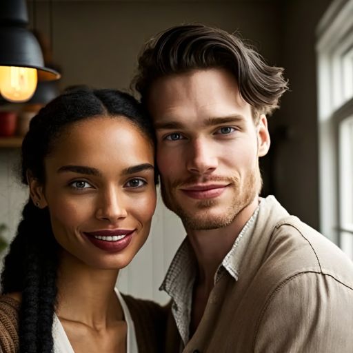 Moody portrait of couple in dark hues at home