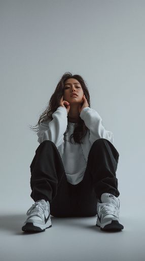 Woman in casual attire seated on the floor against a neutral backdrop