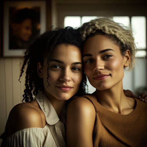 Portrait of young lesbian couple embracing in their home