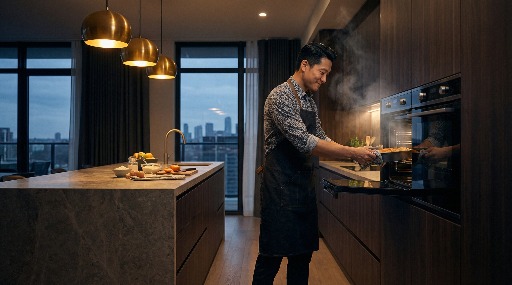 Man cooking in a modern kitchen with city view.