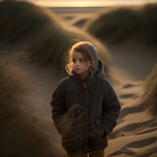A young child takes a walk through the dunes, the colors of the sunset casting a warm glow over their face.