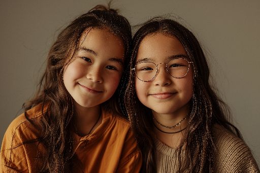 Two smiling young girls, one in glasses, against a neutral background