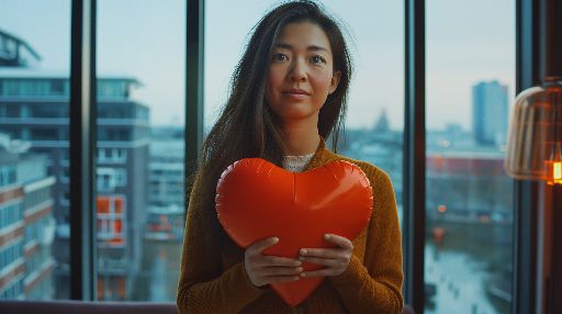 Woman holding a red heart-shaped balloon indoors with city view