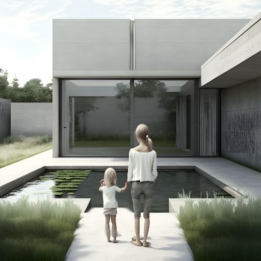 Concrete building with sharp angles and lines: a mother and child are walking in the garden
