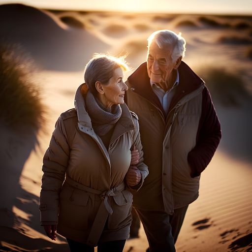 A couple in their 60s, their hair graying, walk through the dunes, their faces etched with the joy of being together.