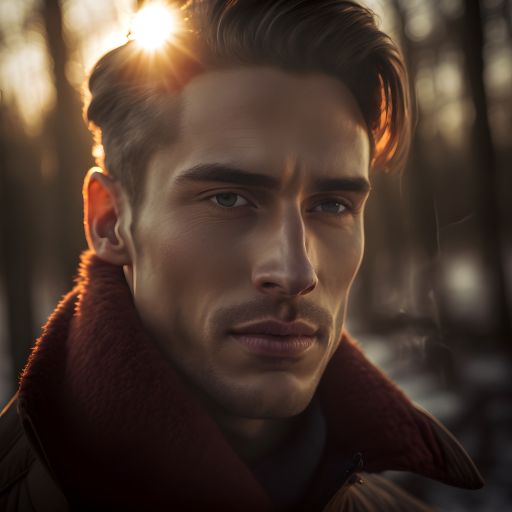 portrait of man during winter in the forest, Sun casting a glow on his face, end of the day lighting