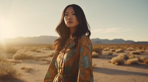 Alternative 60s hippies fashion shoot, woman in desert landscape. Portrait orientation