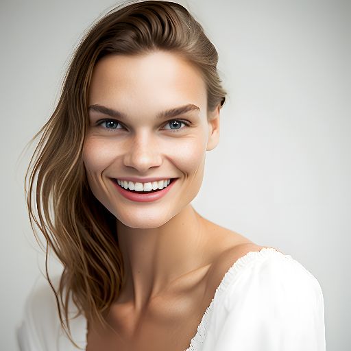 young woman with a bright smile against a white backdrop