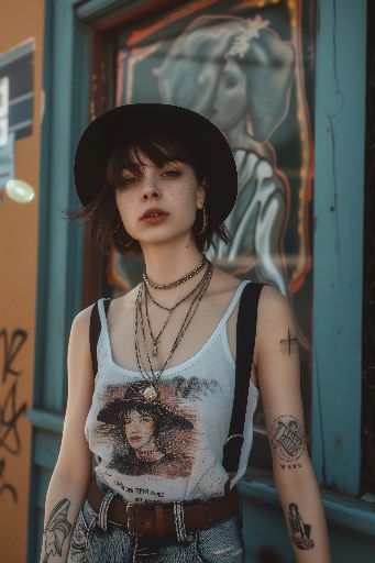 Stylish young woman with tattoos posing in urban setting