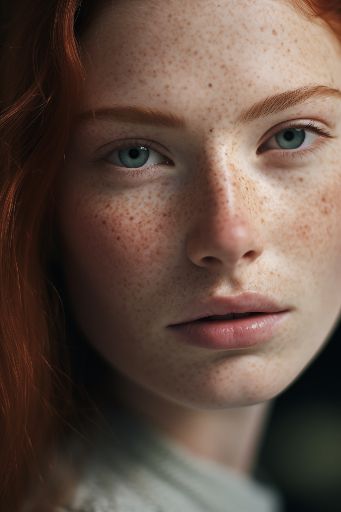 "woman with freckled face, pale skin"