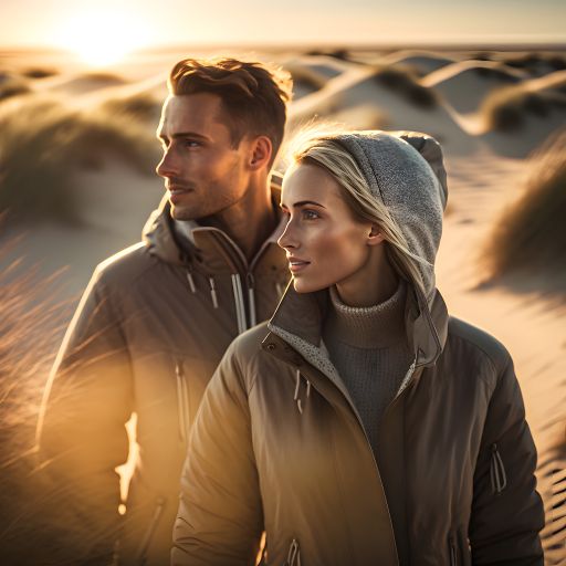 portrait of a beautiful dutch couple walking at the dunes at dusk