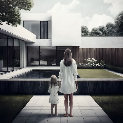 Mother and child by pool, modern building