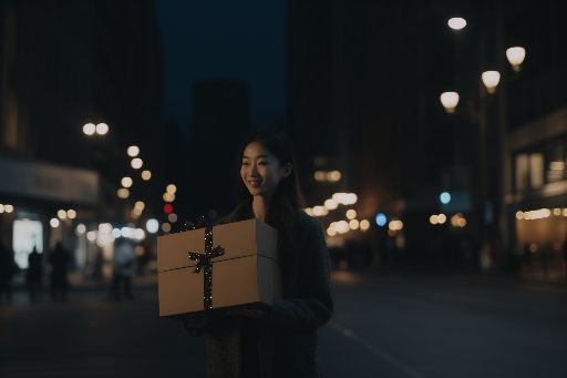 Woman with gift box on city street during christmas