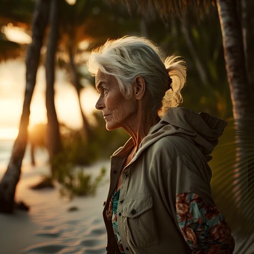Portrait of a 65-Year-Old Swedish Woman Walking on a Tropical Beach