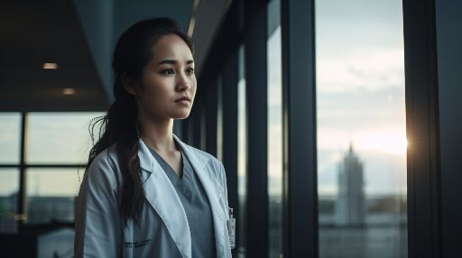 Asian medical professional standing next to a window