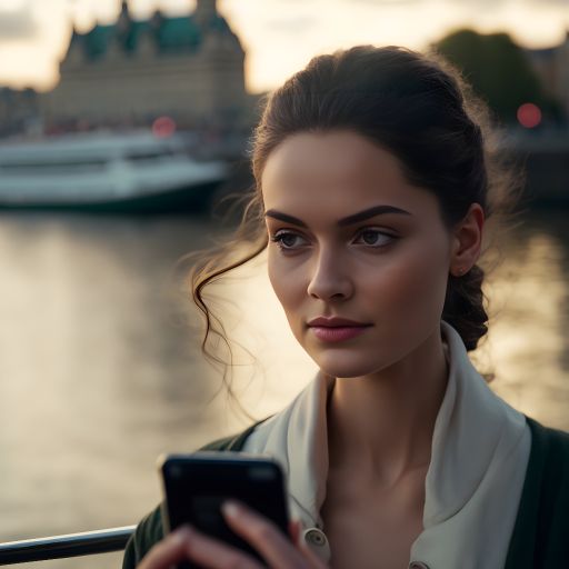 Golden Hour Glow: Portrait of a Young, Happy Dutch Model Browsing the Web on Her Smartphone in Amsterdam