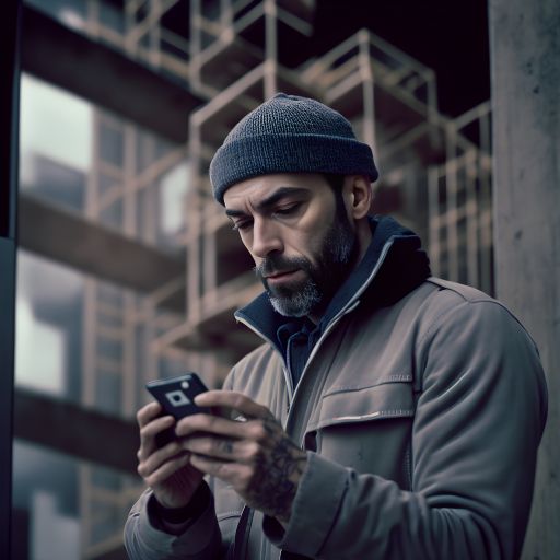 Portrait if a construction worker using a smartphone NOISY IMAGE