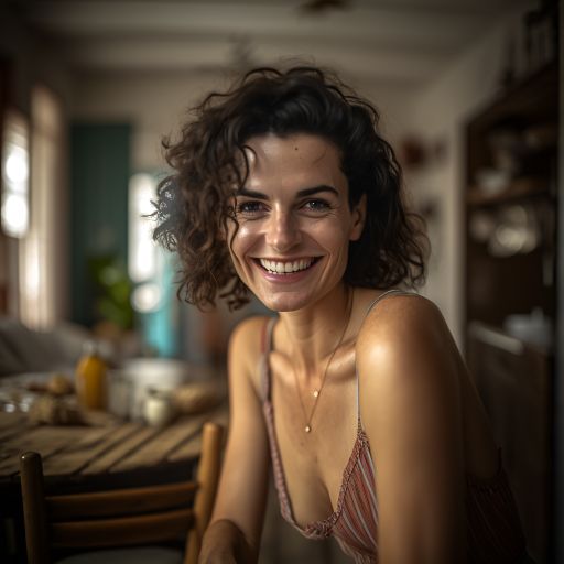 portrait of happy Argentinian fashion model at home 30-39