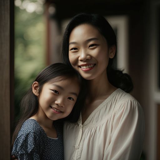 Portrait of a asian girl and her mother at home