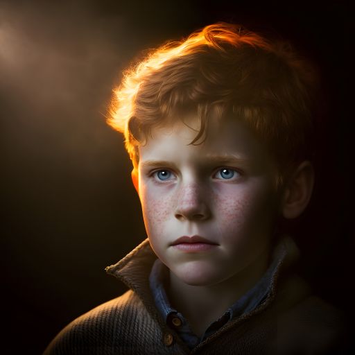 portrait of a child Sun casting a glow on his face on dark background, boy 9 years old