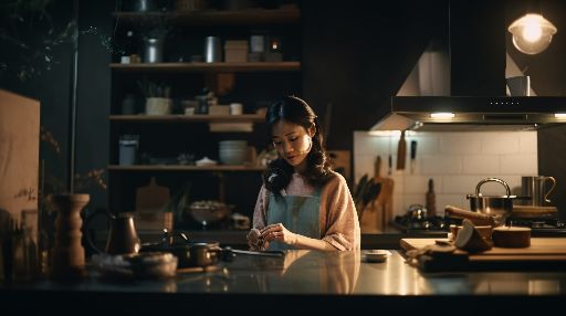 Asian woman baking cake in a modern kitchen
