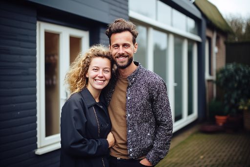 Young couple posing proudly in front of their home