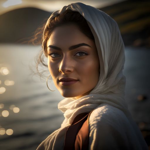 portrait of a turkish woman walking at the sea  wearing a headscarf,  Sun casting a glow on her face