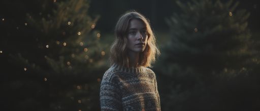 a woman in a vintage christmas sweater stands in a swedish forest at night, surrounded by pine trees