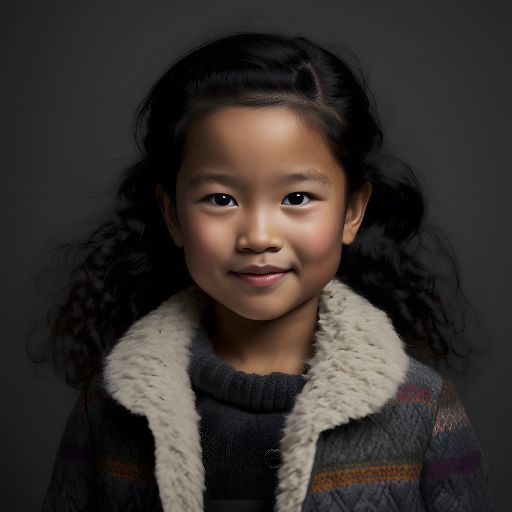 Asian child smiling confidently in studio headshot moody dark grey background