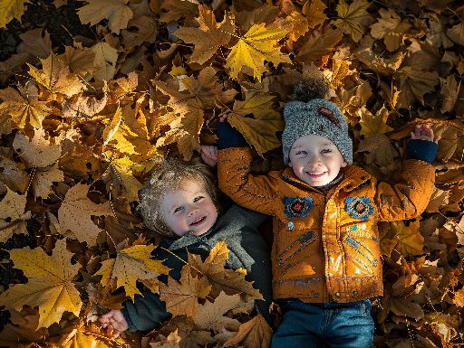 two kids in leaves, top view