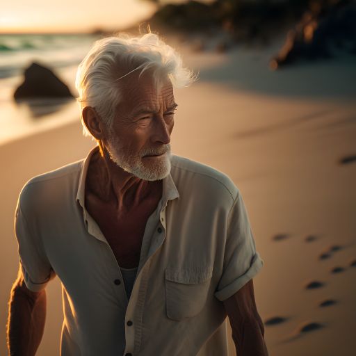 Portrait of a 65-Year-Old Man Walking on a Tropical Beach