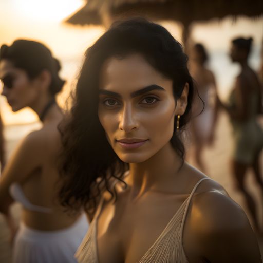 Young indian woman enjoying a beach party at sunset