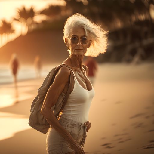Portrait of a 65-Year-Old Woman Striding Along a Tropical Beach