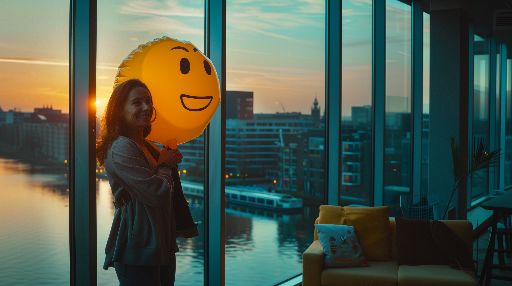 Woman with a smiley balloon in a room overlooking a sunset cityscape