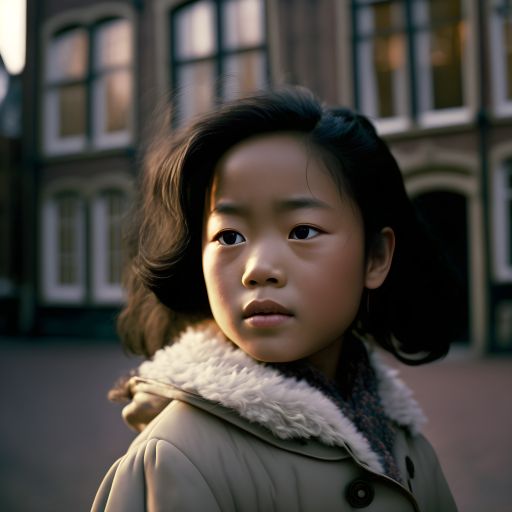 Young Asian Kid in Amsterdam with Buildings in the Background