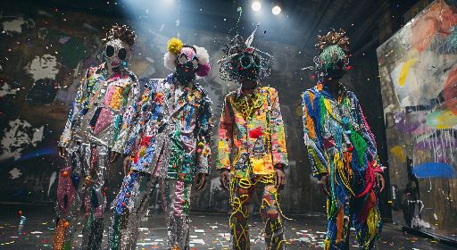 Performers in vibrant, paint-splattered costumes posing