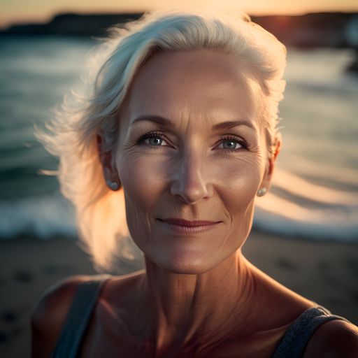 A portrait of a striking woman in her mid-fifties, captured against the stunning backdrop of the ocean.
