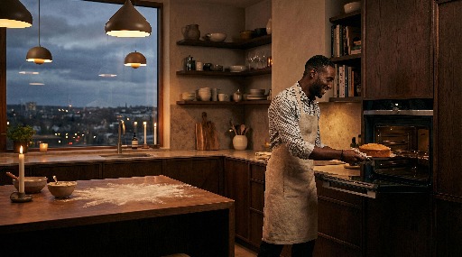 Man baking in a cozy kitchen with city view at dusk.
