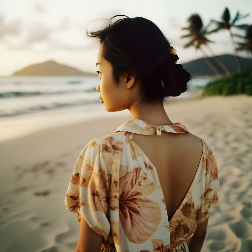 Photo portrait of a happy asian girl on tropical beach at he end of the day