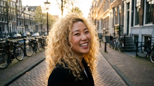 Smiling woman with curly hair on a sunlit street with bicycles.