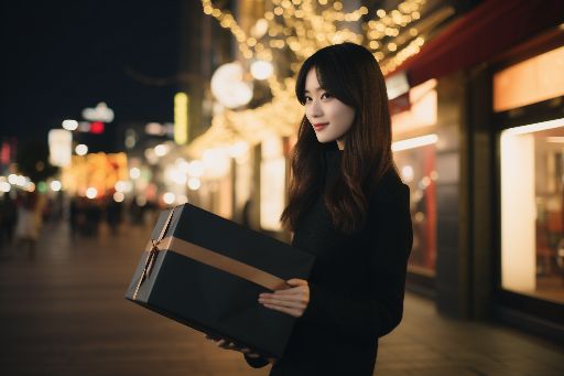 Asian woman with gift box on city street during christmas
