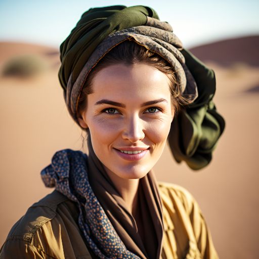 Colourful desert: Woman wearing dress with green accents on desert background