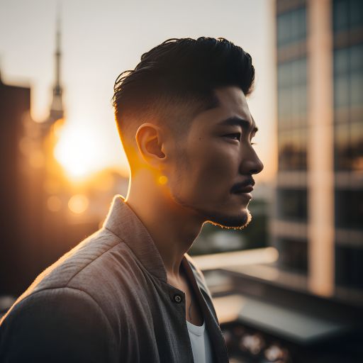 Portrait of a 35-year-old asian man in the city at evening