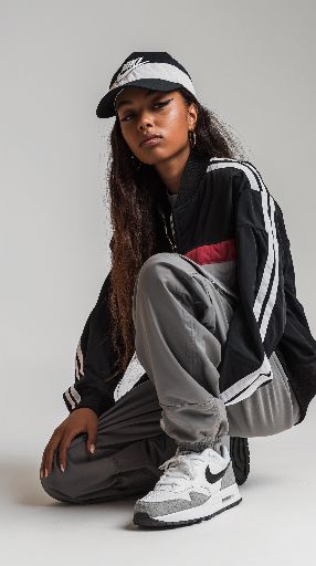 Stylish young person in sportswear posing against a neutral background