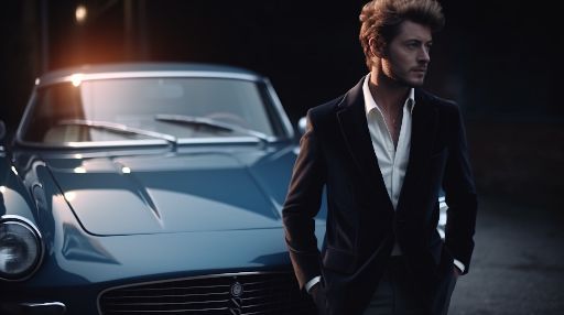 Man in 70s fashion suit standing in front of a vintage car