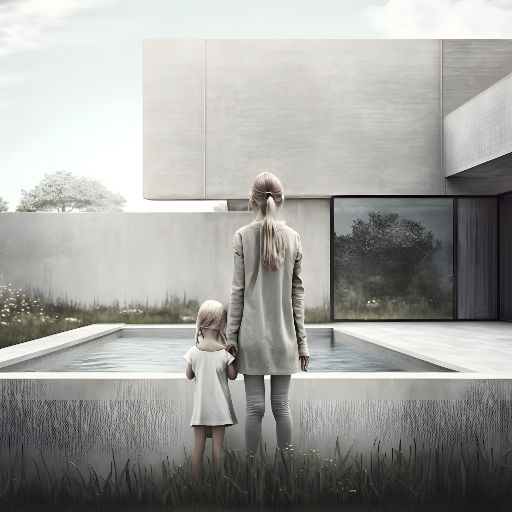 Concrete architecture. Mother and child in the foreground